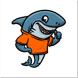 Cute Anthropomorphic Human-like Cartoon Character Shark in Clothes Posters and Art